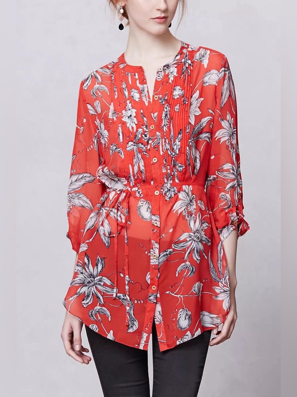 NWOT ANTHROPOLOGIE LEIFSDOTTIR Red Floral Button-Front 100% Silk Tunic Blouse